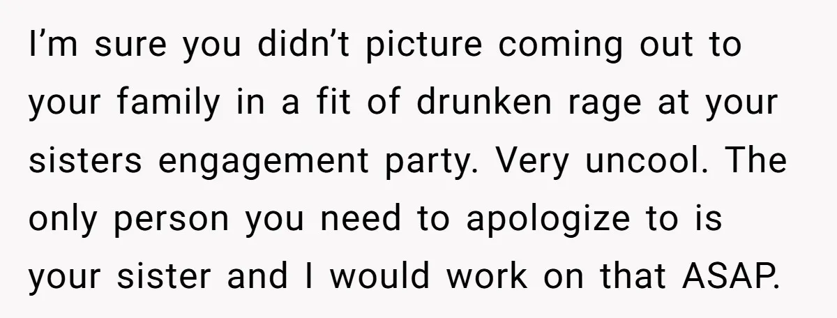 I’m sure you didn’t picture coming out to your family in a fit of drunken rage at your sisters engagement party. Very uncool. The only person you need to apologize...
