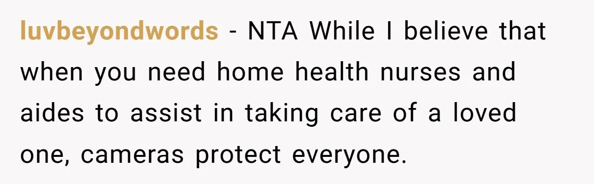 luvbeyondwords − NTA While I believe that when you need home health nurses and aides to assist in taking care of a loved one, cameras protect everyone.