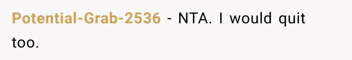Potential-Grab-2536 − NTA. I would quit too.
