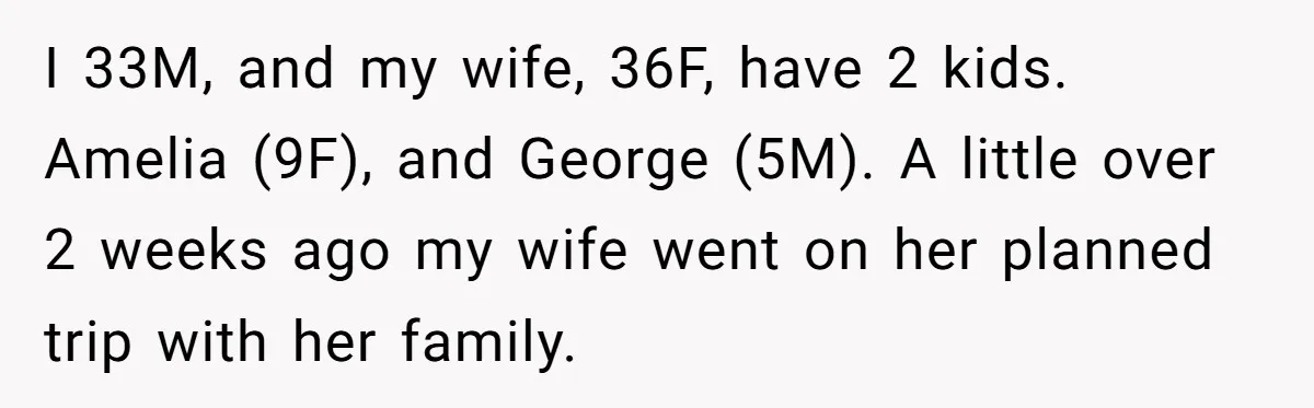 I 33M, and my wife, 36F, have 2 kids. Amelia (9F), and George (5M). A little over 2 weeks ago my wife went on her planned trip with her family.