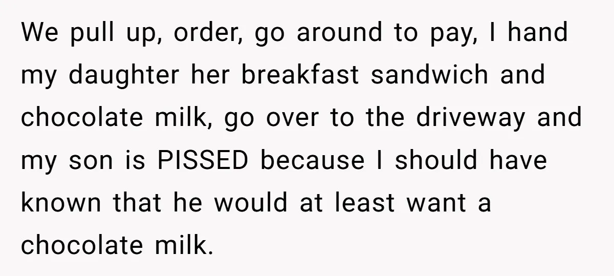 We pull up, order, go around to pay, I hand my daughter her breakfast sandwich and chocolate milk, go over to the driveway and my son is PISSED because I...