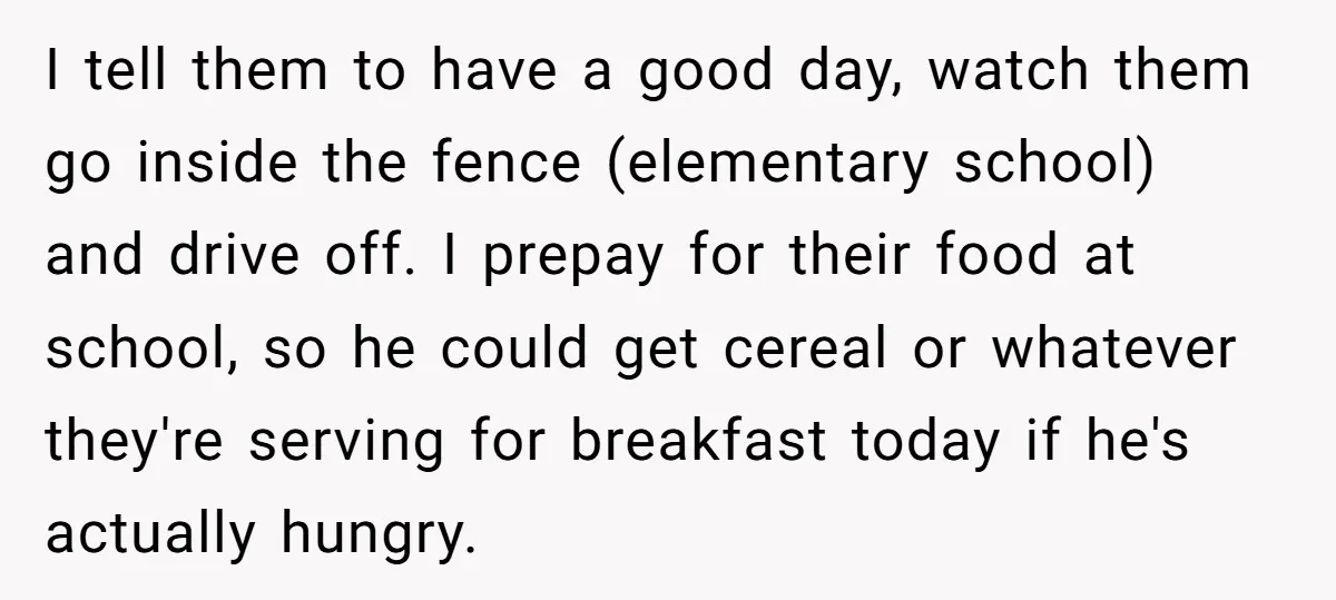 I tell them to have a good day, watch them go inside the fence (elementary school) and drive off. I prepay for their food at school, so he could get...