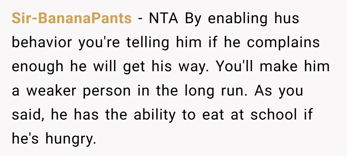 Sir-BananaPants − NTA By enabling hus behavior you're telling him if he complains enough he will get his way. You'll make him a weaker person in the long run. As...