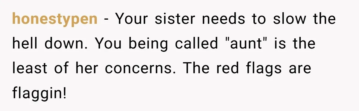 honestypen - Your sister needs to slow the hell down. You being called "aunt" is the least of her concerns. The red flags are flaggin!