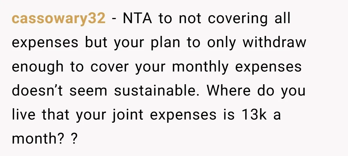 cassowary32 − NTA to not covering all expenses but your plan to only withdraw enough to cover your monthly expenses doesn’t seem sustainable. Where do you live that your joint...