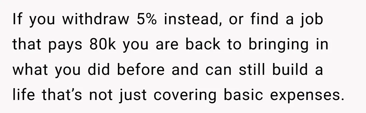 If you withdraw 5% instead, or find a job that pays 80k you are back to bringing in what you did before and can still build a life that’s not...