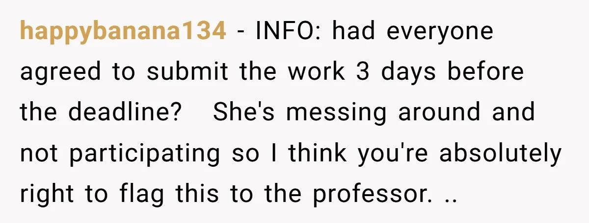 happybanana134 − INFO: had everyone agreed to submit the work 3 days before the deadline? She's messing around and not participating so I think you're absolutely right to flag this...