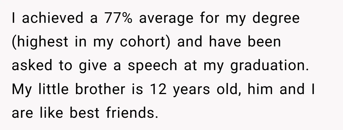 I achieved a 77% average for my degree (highest in my cohort) and have been asked to give a speech at my graduation. My little brother is 12 years old,...
