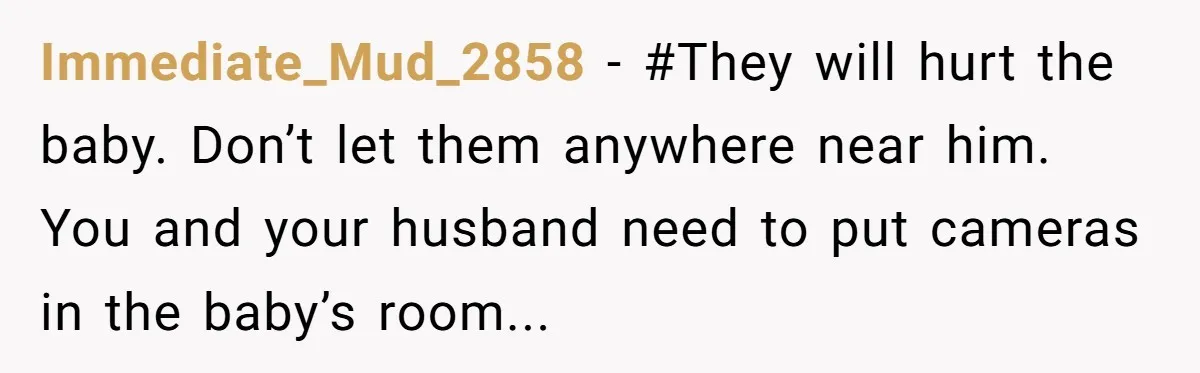 Immediate_Mud_2858 - #They will hurt the baby. Don’t let them anywhere near him. You and your husband need to put cameras in the baby’s room...