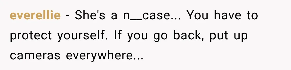 everellie - She's a n__case... You have to protect yourself. If you go back, put up cameras everywhere...