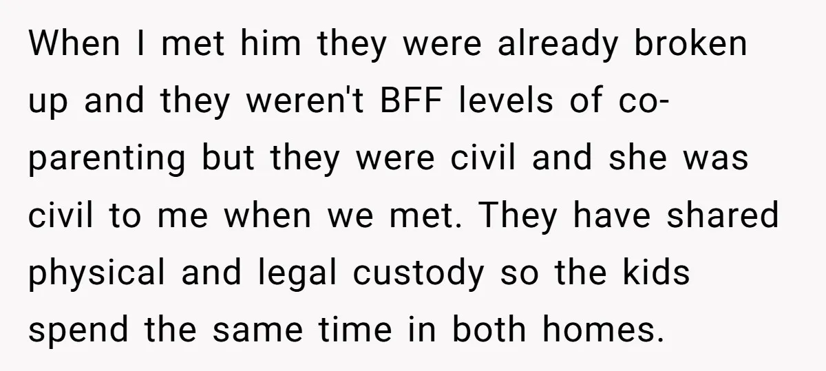 When I met him they were already broken up and they weren't BFF levels of co-parenting but they were civil and she was civil to me when we met. They...