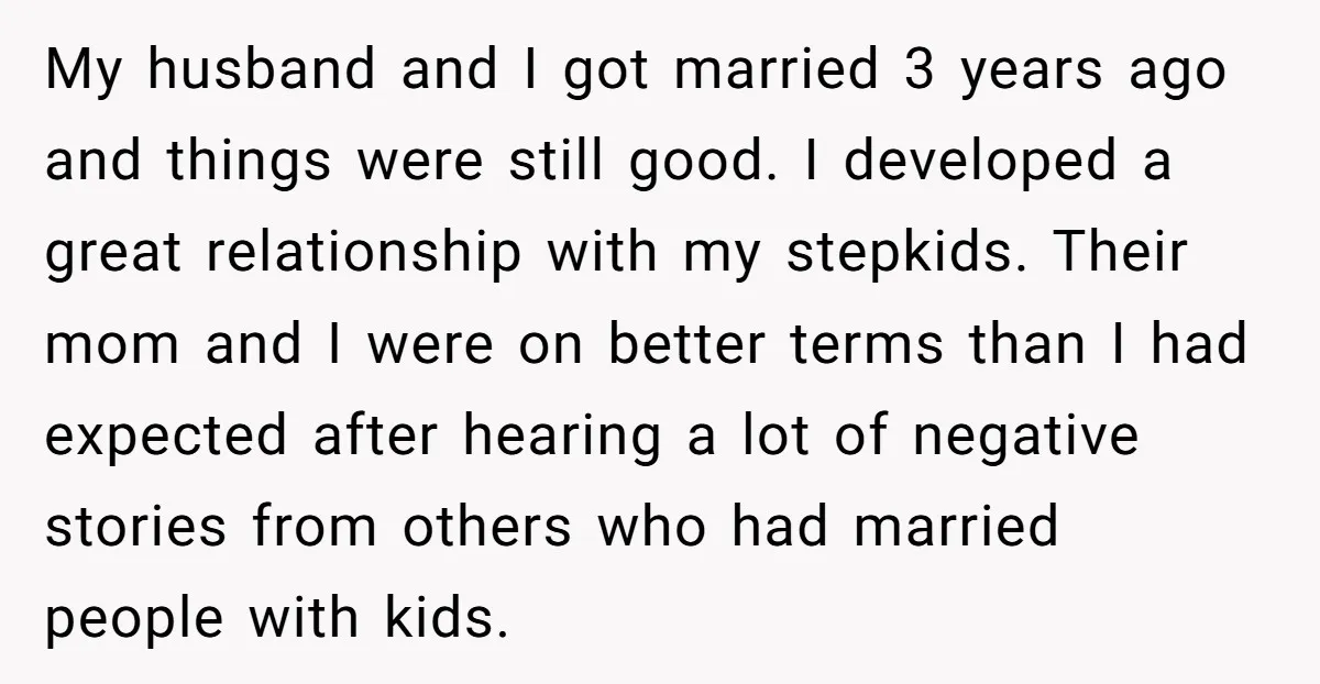 My husband and I got married 3 years ago and things were still good. I developed a great relationship with my stepkids. Their mom and I were on better terms...