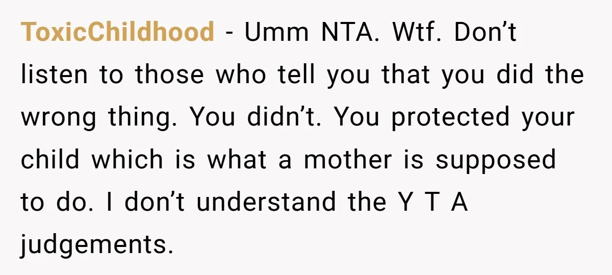 ToxicChildhood - Umm NTA. Wtf. Don’t listen to those who tell you that you did the wrong thing. You didn’t. You protected your child which is what a mother is...