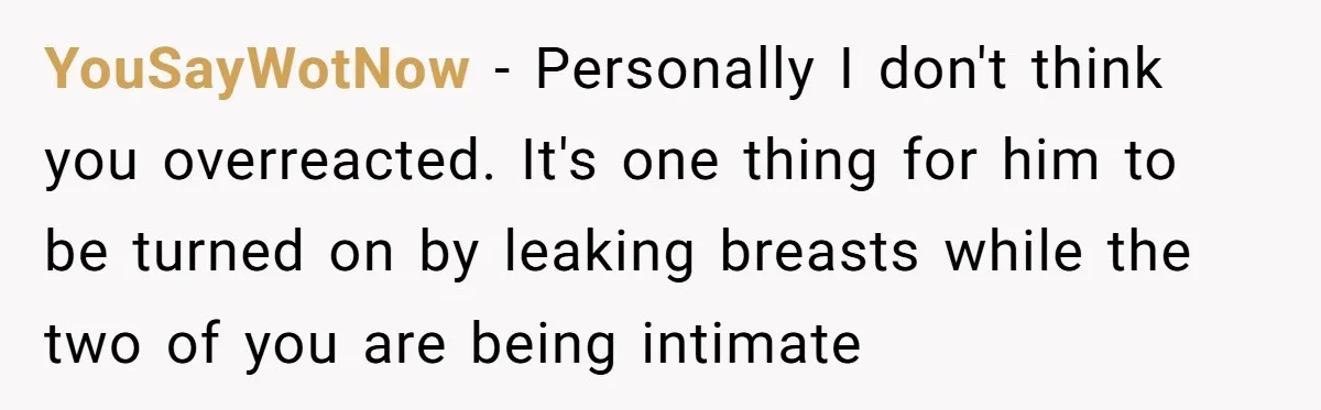 YouSayWotNow - Personally I don't think you overreacted. It's one thing for him to be turned on by leaking breasts while the two of you are being intimate