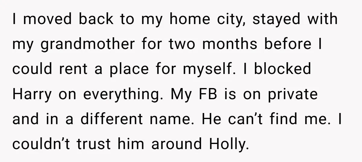 I moved back to my home city, stayed with my grandmother for two months before I could rent a place for myself. I blocked Harry on everything. My FB is...