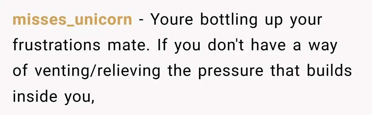 misses_unicorn − Youre bottling up your frustrations mate. If you don't have a way of venting/relieving the pressure that builds inside you,