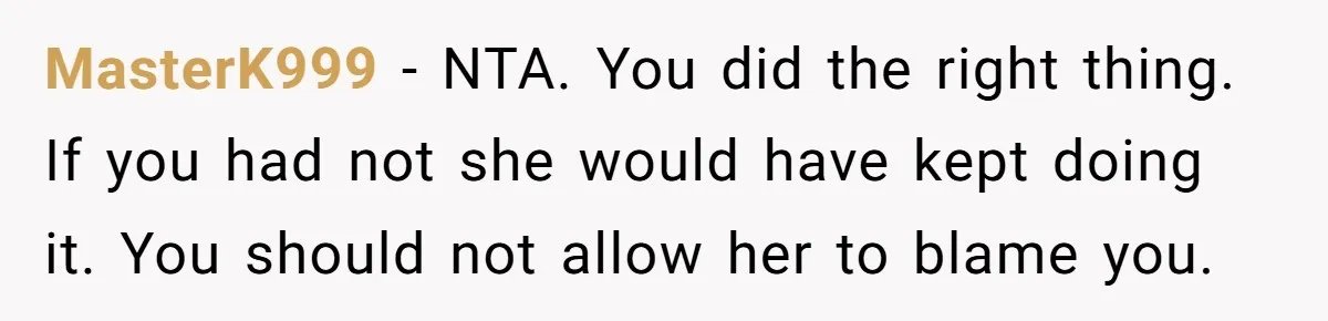 MasterK999 − NTA. You did the right thing. If you had not she would have kept doing it. You should not allow her to blame you.