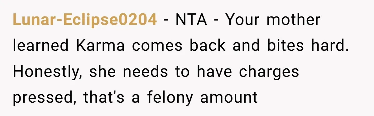 Lunar-Eclipse0204 − NTA - Your mother learned Karma comes back and bites hard. Honestly, she needs to have charges pressed, that's a felony amount