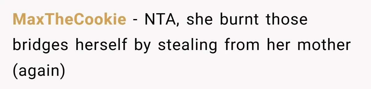 MaxTheCookie − NTA, she burnt those bridges herself by stealing from her mother (again)