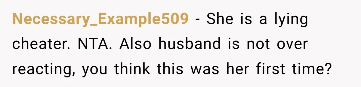 Necessary_Example509 − She is a lying cheater. NTA. Also husband is not over reacting, you think this was her first time?