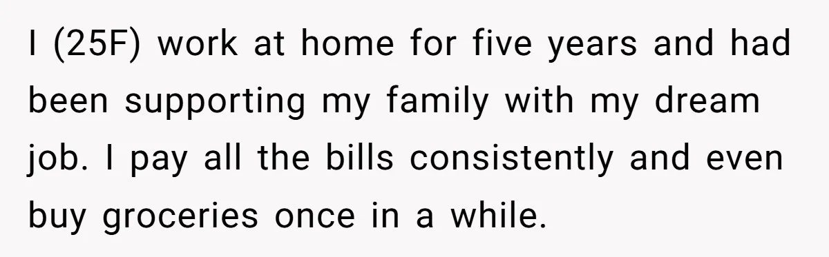 I (25F) work at home for five years and had been supporting my family with my dream job. I pay all the bills consistently and even buy groceries once in...