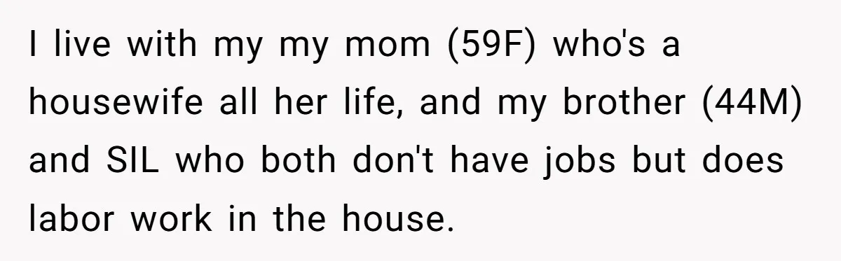 I live with my my mom (59F) who's a housewife all her life, and my brother (44M) and SIL who both don't have jobs but does labor work in the...