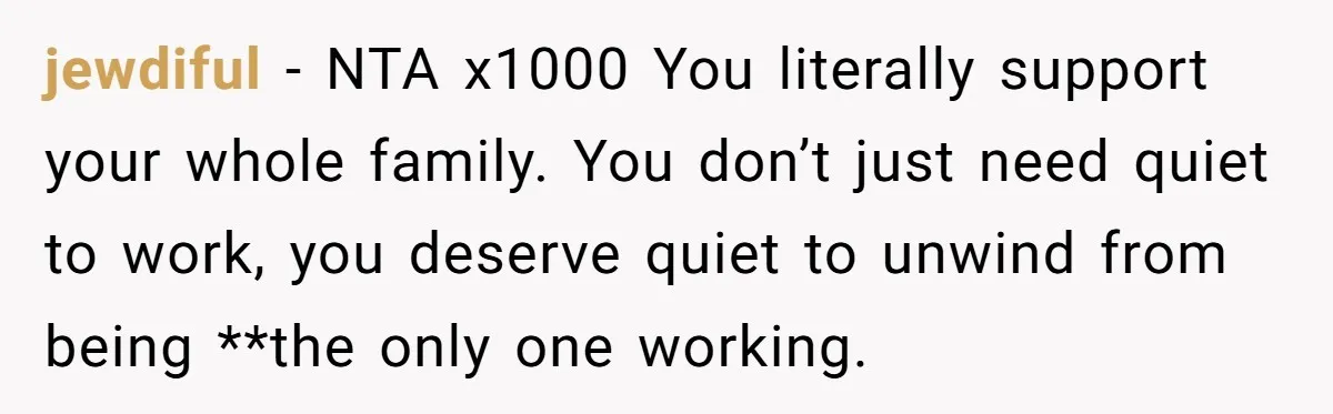 jewdiful − NTA x1000 You literally support your whole family. You don’t just need quiet to work, you deserve quiet to unwind from being **the only one working.