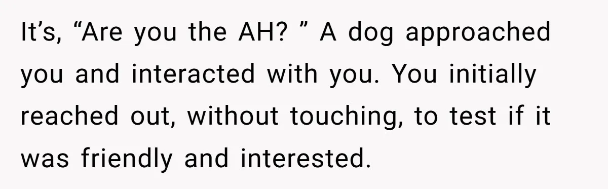 It’s, “Are you the AH? ” A dog approached you and interacted with you. You initially reached out, without touching, to test if it was friendly and interested.
