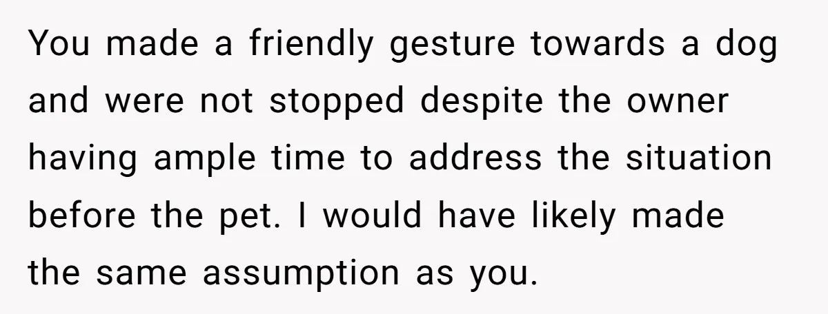 You made a friendly gesture towards a dog and were not stopped despite the owner having ample time to address the situation before the pet. I would have likely made...