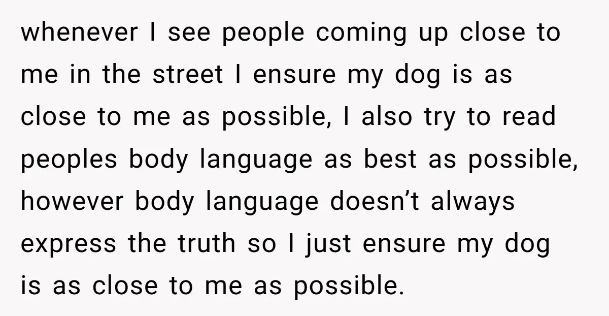 whenever I see people coming up close to me in the street I ensure my dog is as close to me as possible, I also try to read peoples body...