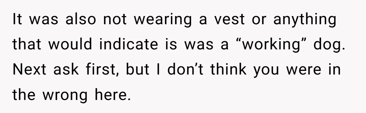 It was also not wearing a vest or anything that would indicate is was a “working” dog. Next ask first, but I don’t think you were in the wrong here.