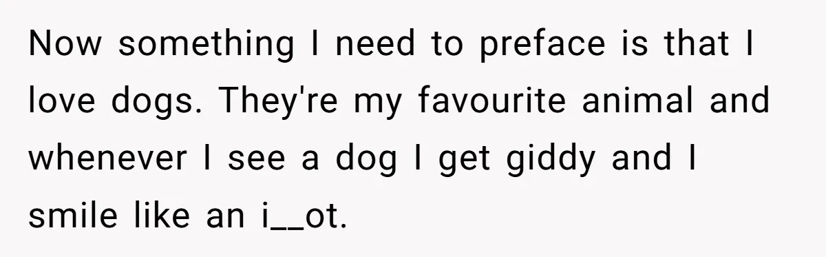 Now something I need to preface is that I love dogs. They're my favourite animal and whenever I see a dog I get giddy and I smile like an i__ot.