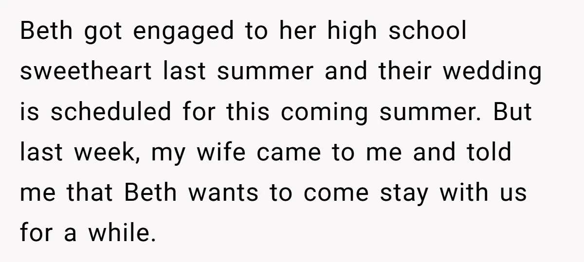 Beth got engaged to her high school sweetheart last summer and their wedding is scheduled for this coming summer. But last week, my wife came to me and told me...