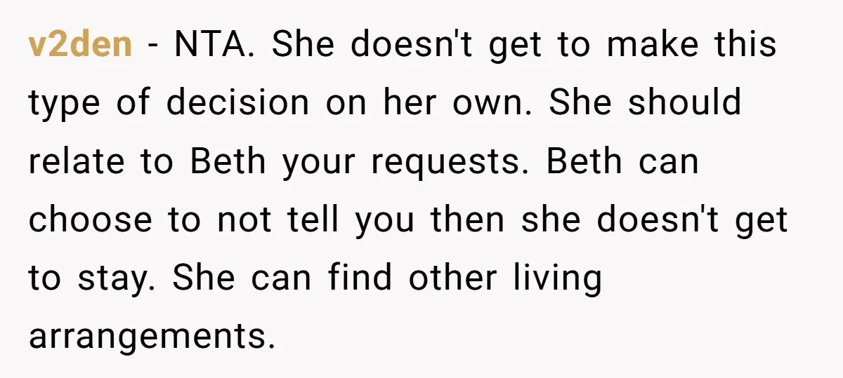 v2den − NTA. She doesn't get to make this type of decision on her own. She should relate to Beth your requests. Beth can choose to not tell you then...