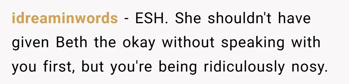idreaminwords − ESH. She shouldn't have given Beth the okay without speaking with you first, but you're being ridiculously nosy.