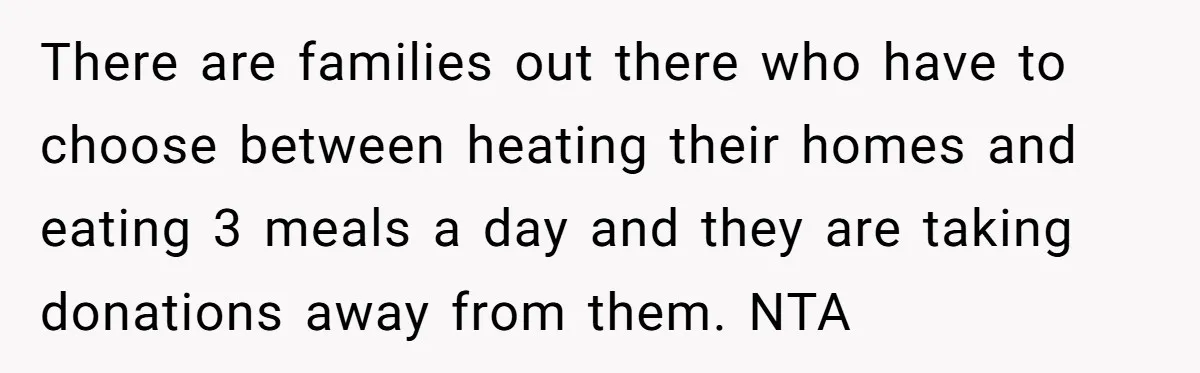 There are families out there who have to choose between heating their homes and eating 3 meals a day and they are taking donations away from them. NTA