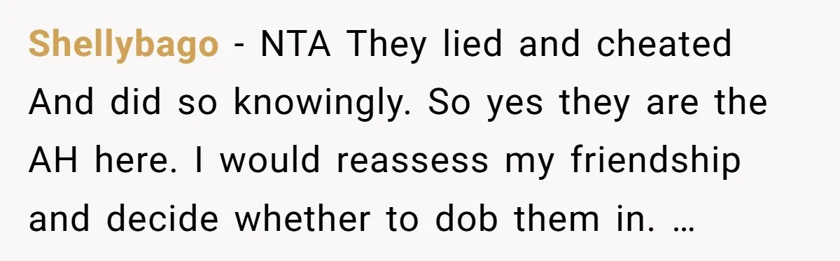 Shellybago − NTA They lied and cheated And did so knowingly. So yes they are the AH here. I would reassess my friendship and decide whether to dob them in....