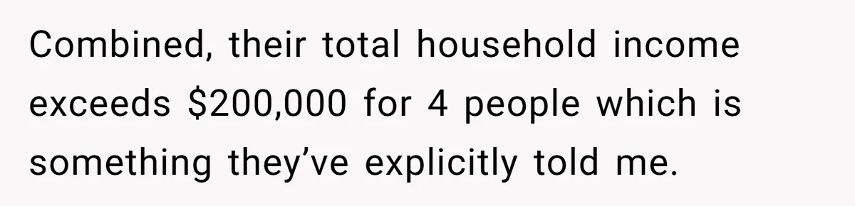 Combined, their total household income exceeds $200,000 for 4 people which is something they’ve explicitly told me.