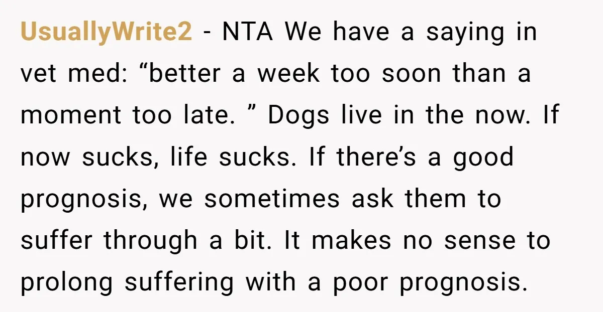 UsuallyWrite2 - NTA We have a saying in vet med: “better a week too soon than a moment too late. ” Dogs live in the now. If now sucks, life...