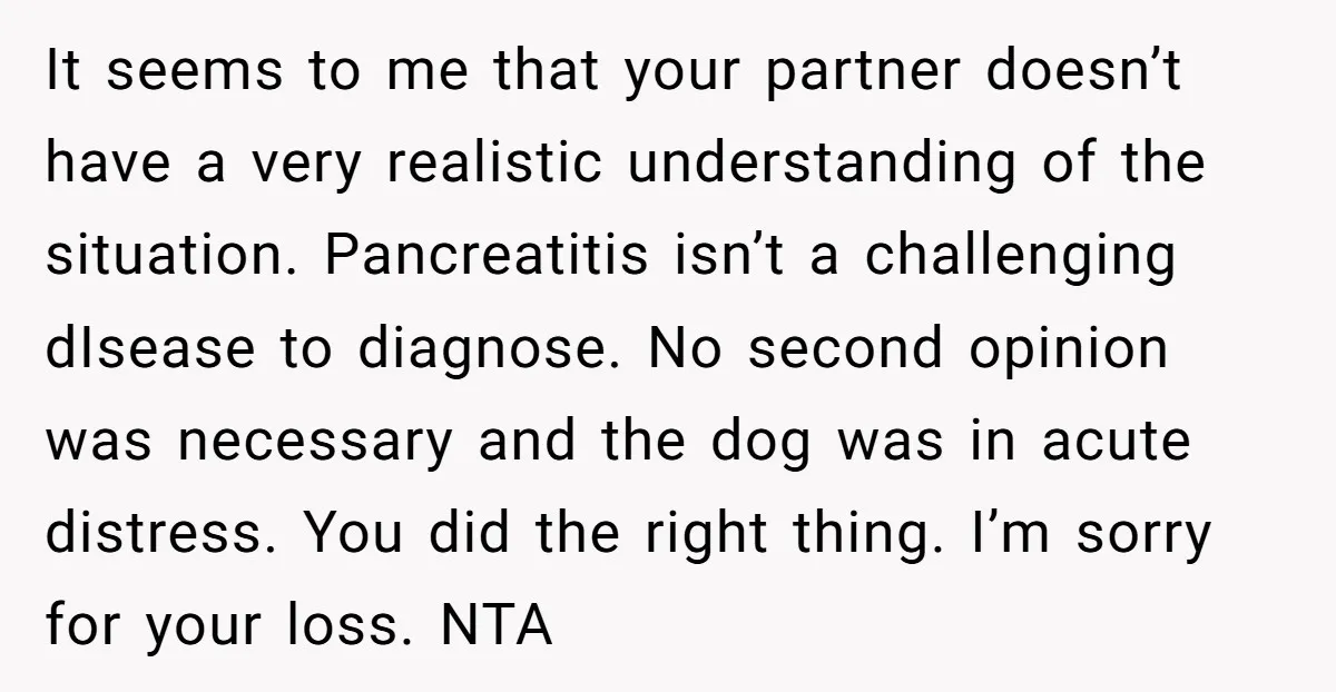 It seems to me that your partner doesn’t have a very realistic understanding of the situation. Pancreatitis isn’t a challenging dIsease to diagnose. No second opinion was necessary and the...