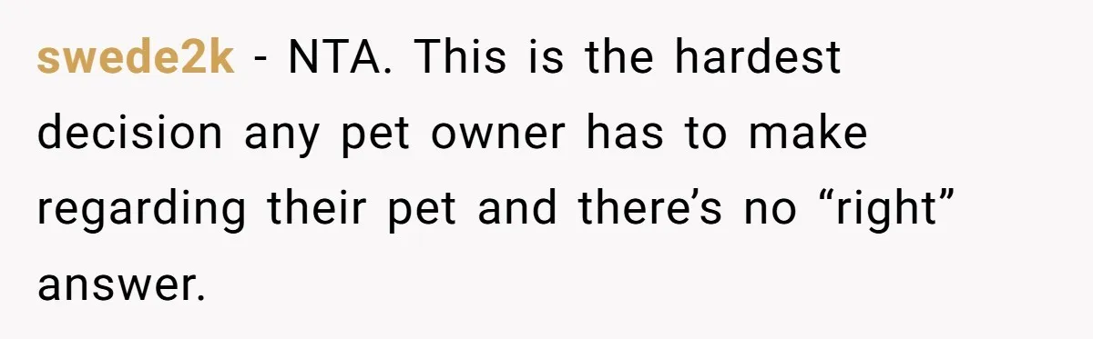 swede2k - NTA. This is the hardest decision any pet owner has to make regarding their pet and there’s no “right” answer.