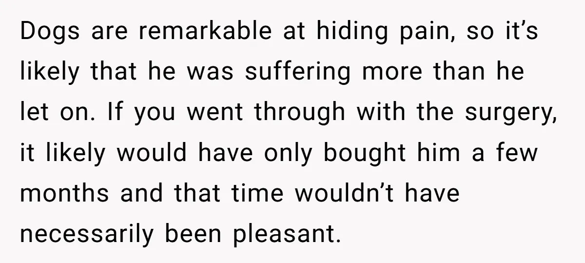 Dogs are remarkable at hiding pain, so it’s likely that he was suffering more than he let on. If you went through with the surgery, it likely would have only...