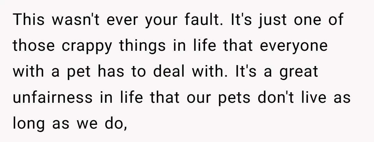 This wasn't ever your fault. It's just one of those crappy things in life that everyone with a pet has to deal with. It's a great unfairness in life that...