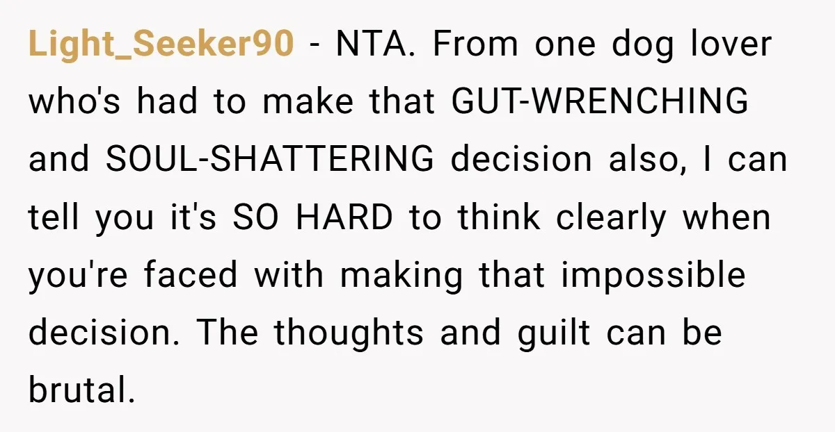 Light_Seeker90 - NTA. From one dog lover who's had to make that GUT-WRENCHING and SOUL-SHATTERING decision also, I can tell you it's SO HARD to think clearly when you're faced...