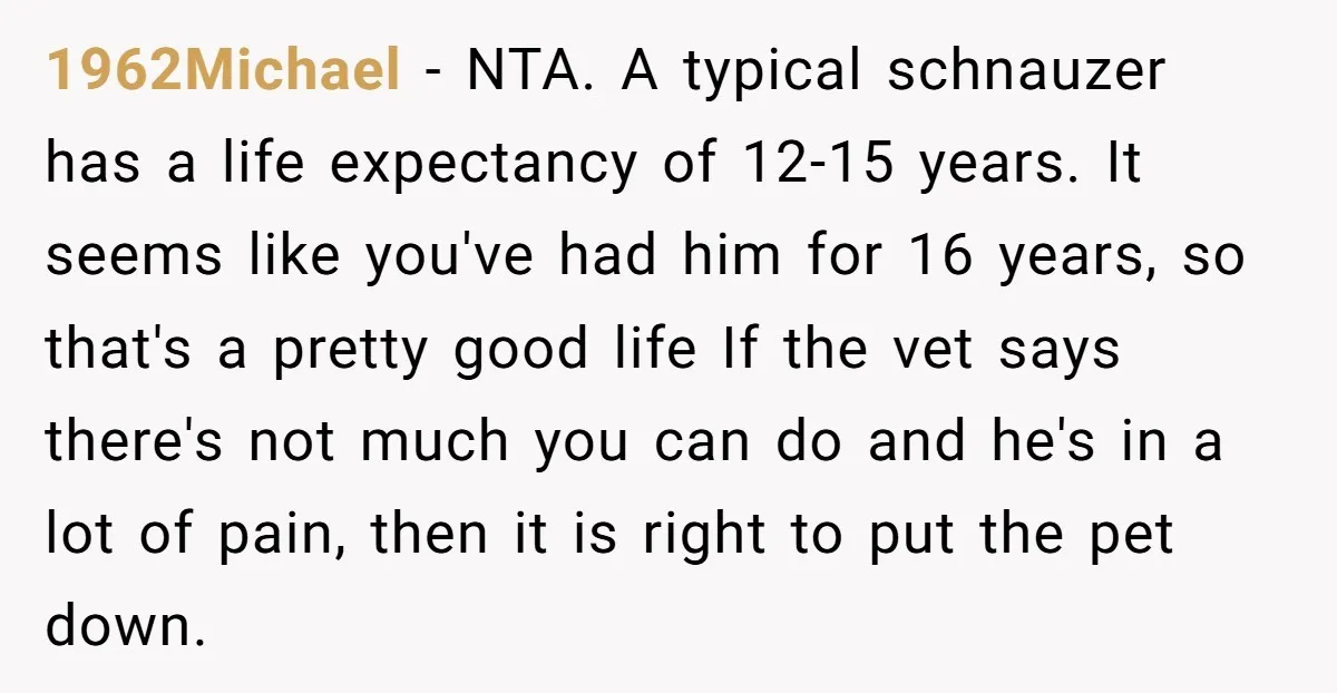 1962Michael - NTA. A typical schnauzer has a life expectancy of 12-15 years. It seems like you've had him for 16 years, so that's a pretty good life If the...