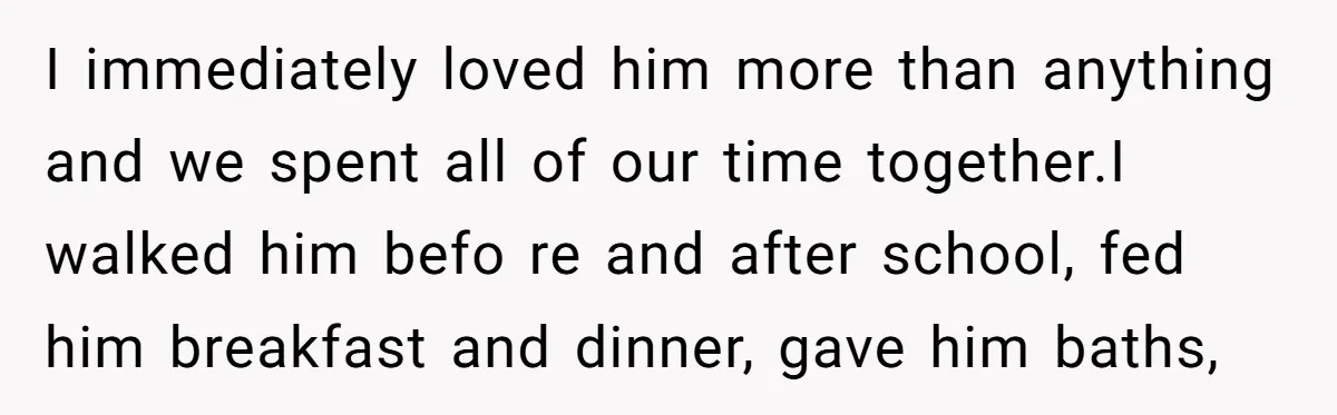I immediately loved him more than anything and we spent all of our time together.I walked him befo re and after school, fed him breakfast and dinner, gave him baths,