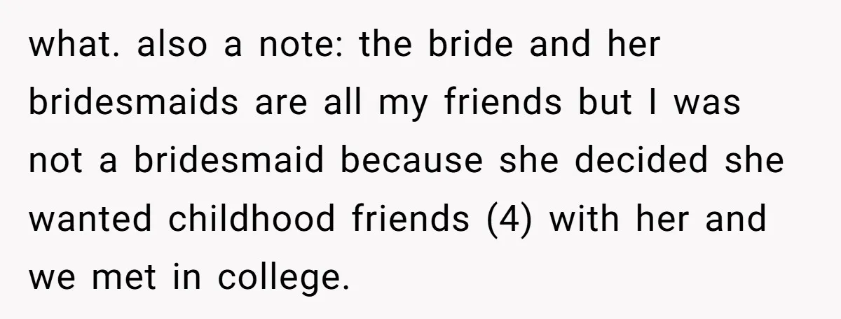 what. also a note: the bride and her bridesmaids are all my friends but I was not a bridesmaid because she decided she wanted childhood friends (4) with her and...