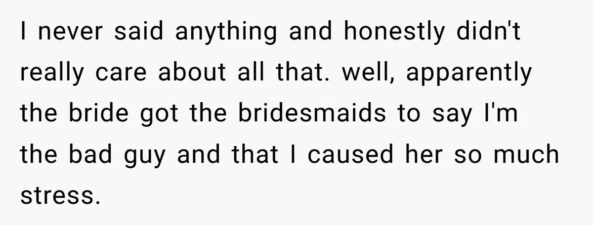 I never said anything and honestly didn't really care about all that. well, apparently the bride got the bridesmaids to say I'm the bad guy and that I caused her...