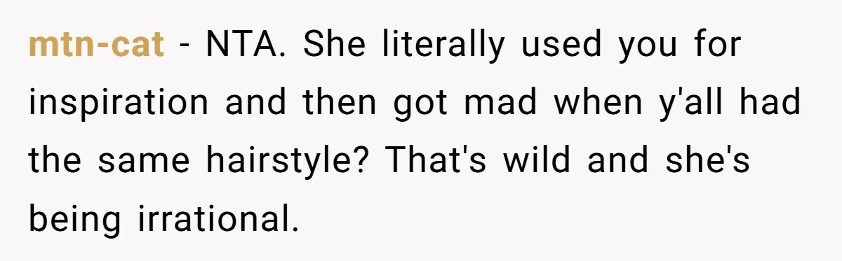 mtn-cat − NTA. She literally used you for inspiration and then got mad when y'all had the same hairstyle? That's wild and she's being irrational.