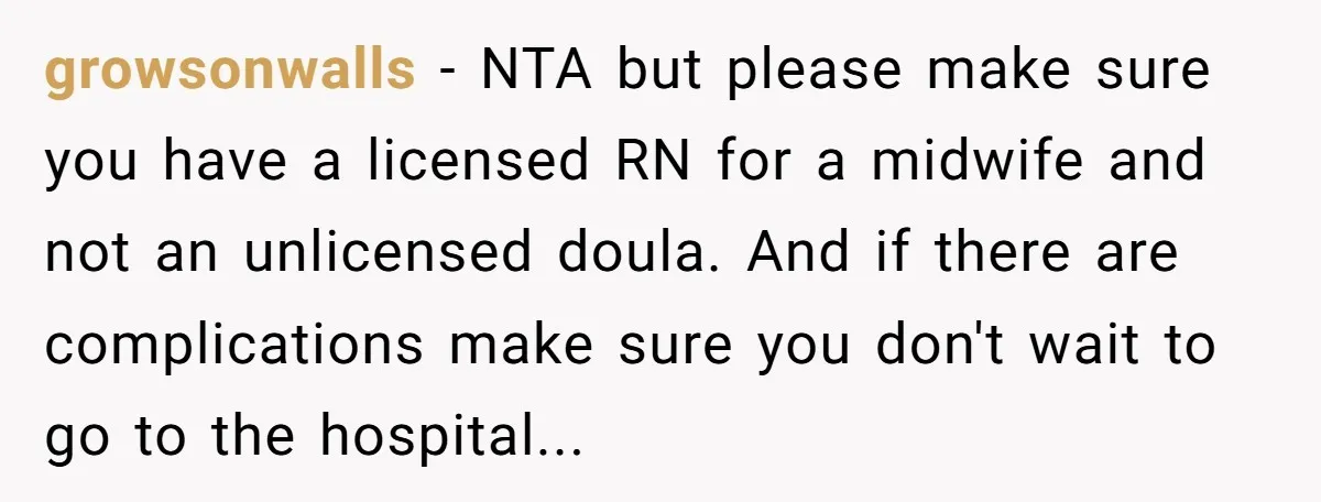 growsonwalls - NTA but please make sure you have a licensed RN for a midwife and not an unlicensed doula. And if there are complications make sure you don't wait...
